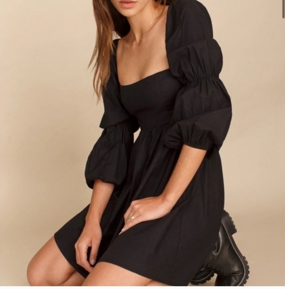 REFORMATION MICHAELA BABYDOLL MINI BLACK DRESS PUFF SLEEVES SIZE 8 - Picture 2 of 16
